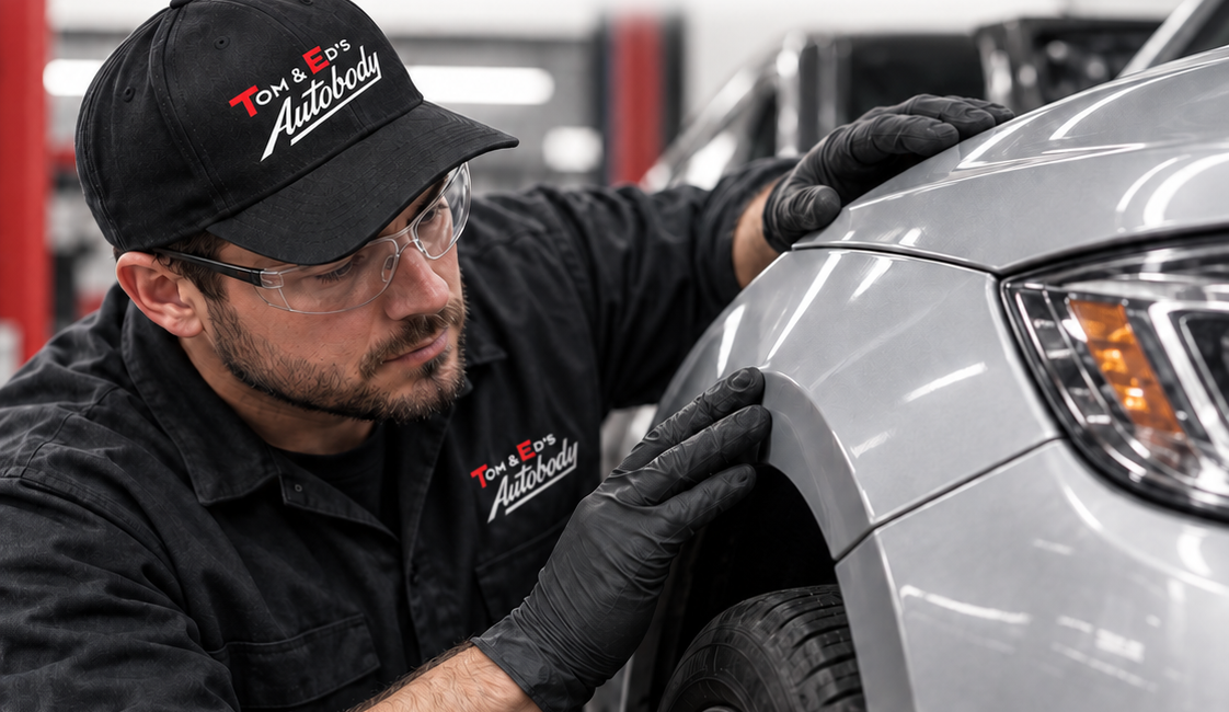 Illustration of a body technician inspecting a vehicle panel